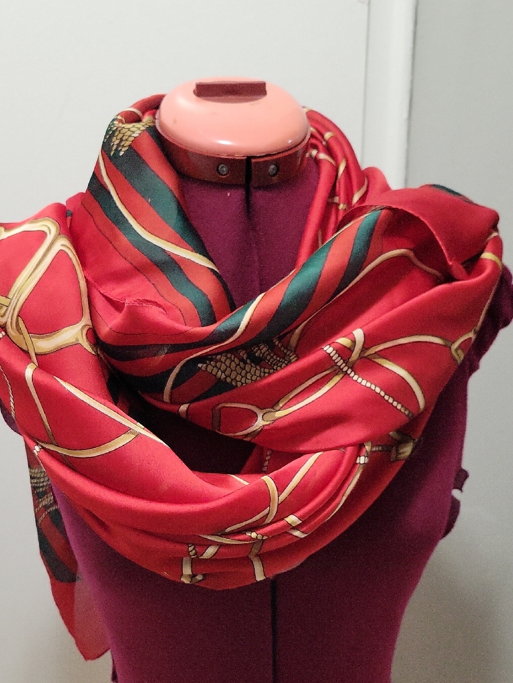 Silk Red Fashion Scarf with Gold Equestrian Print
